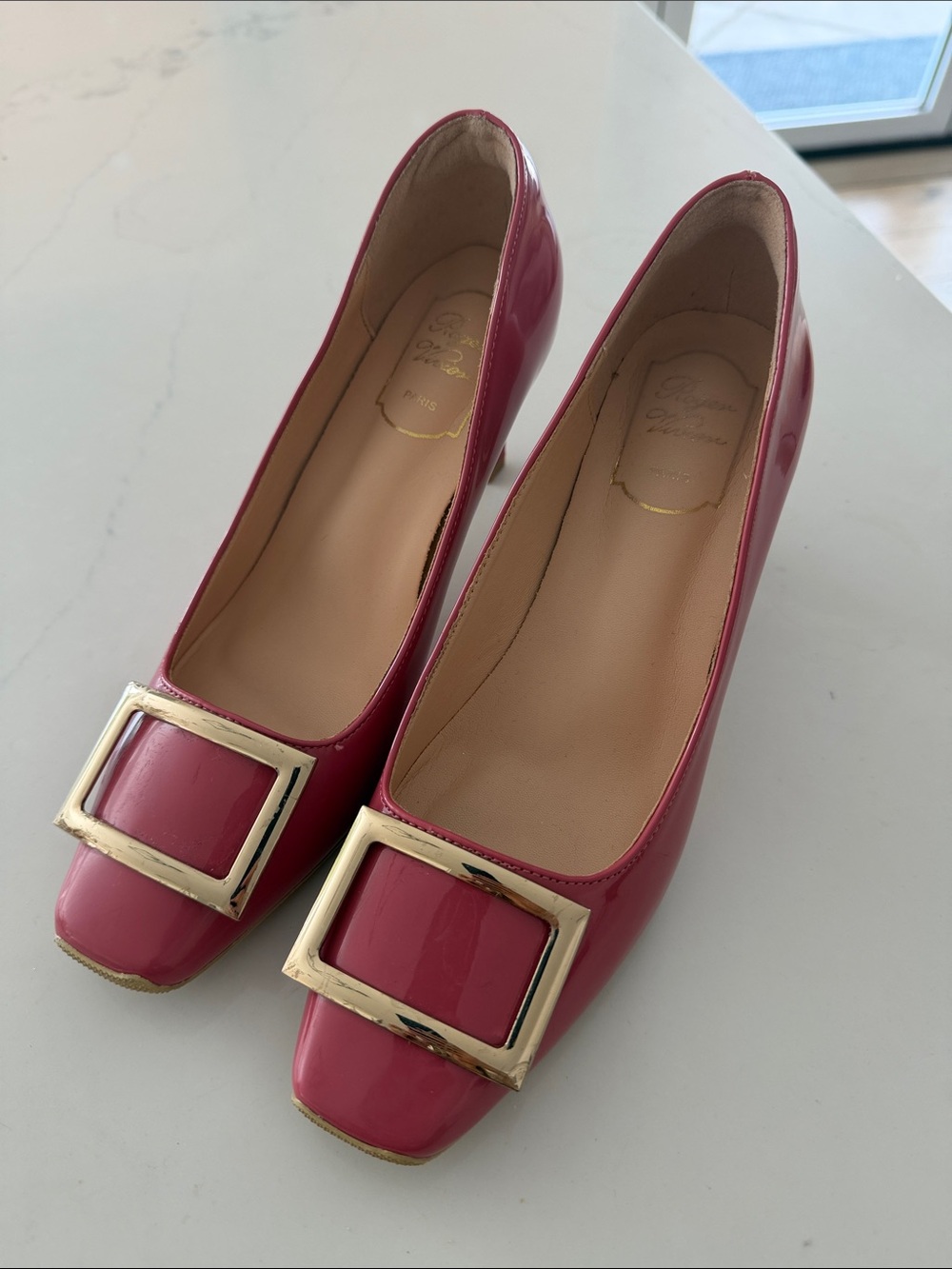 Roger Vivier Patent Pink Square-Buckle Women's Pumps